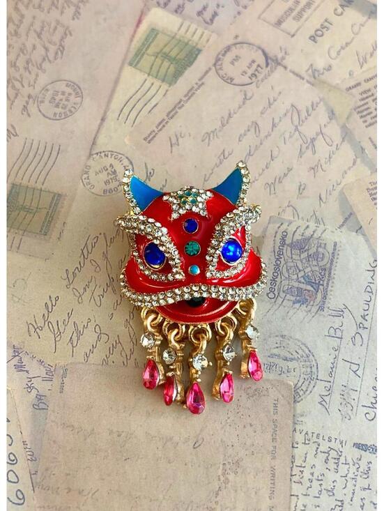 Jewelry - Red Enamel Chinese Lion Dance Mask Brooch Pink Rhinestone Dangle Fringe